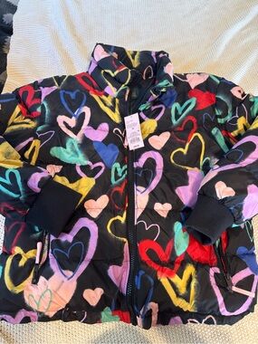 Old Navy Black Puffer Jacket with Multicolor Heart Print